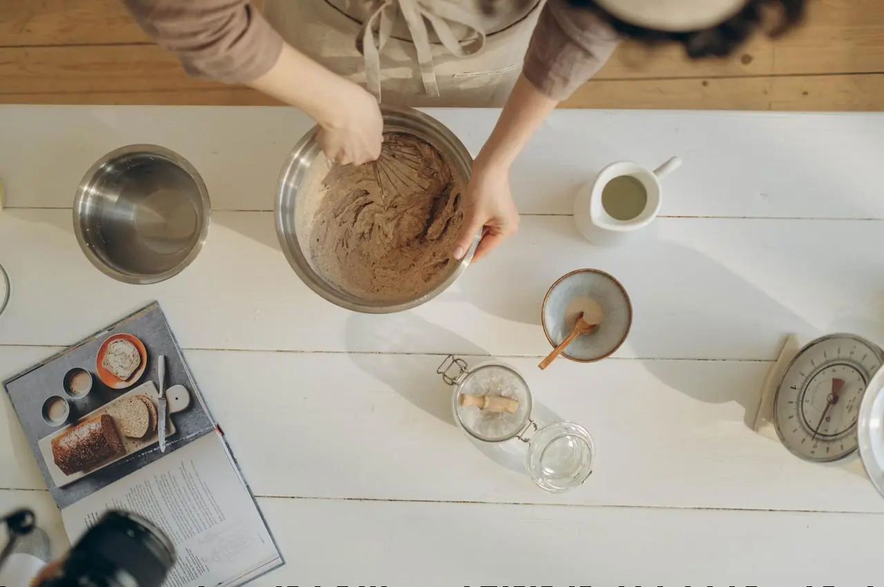 Top down baking view of bread ingredients