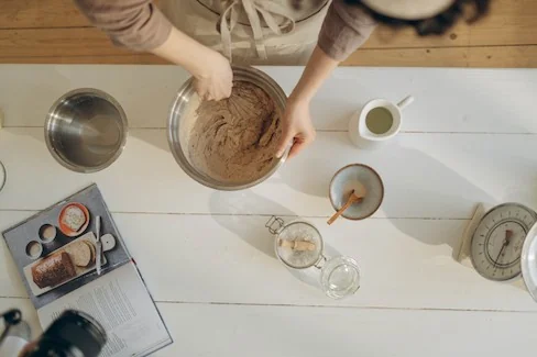 Top down baking view of bread ingredients